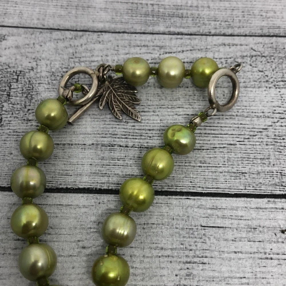 Artisan vintage freshwater pearl leaf pendant statement necklace sterling